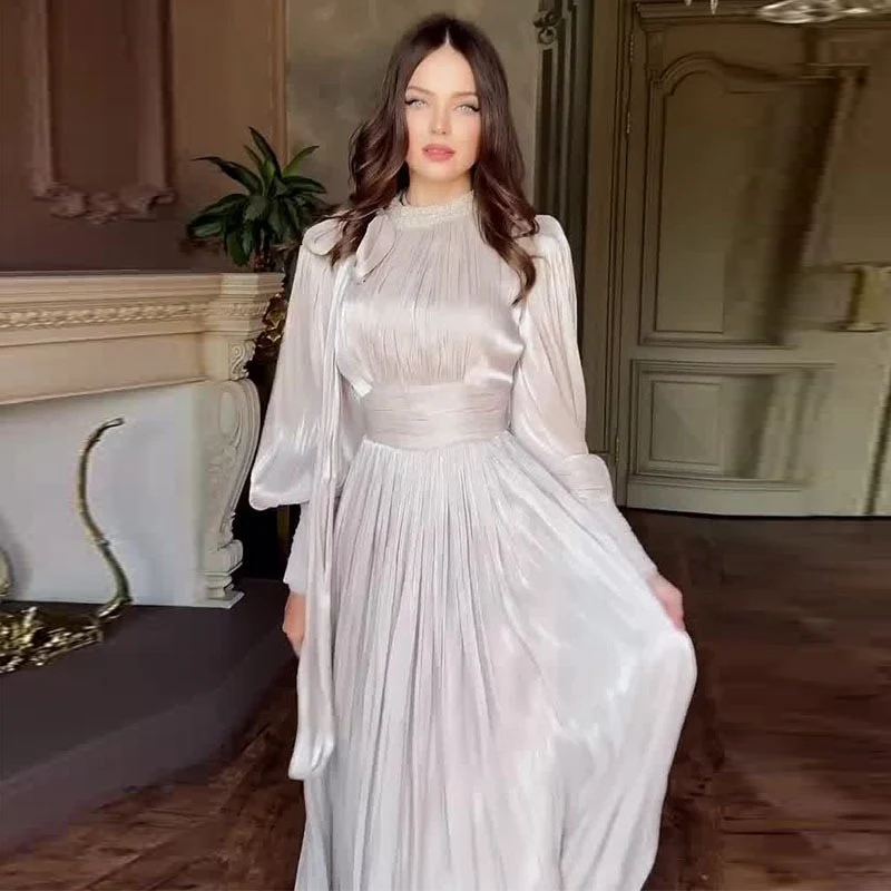 Damen Elegantes Chiffon-Maxikleid mit tailliertem Wickelbund, Stehkragen und langen Puffärmeln Drune