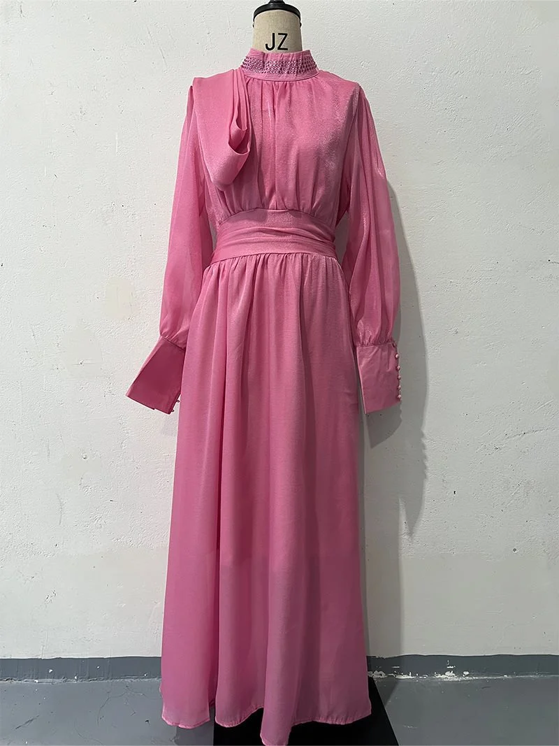 Damen Elegantes Chiffon-Maxikleid mit tailliertem Wickelbund, Stehkragen und langen Puffärmeln Drune