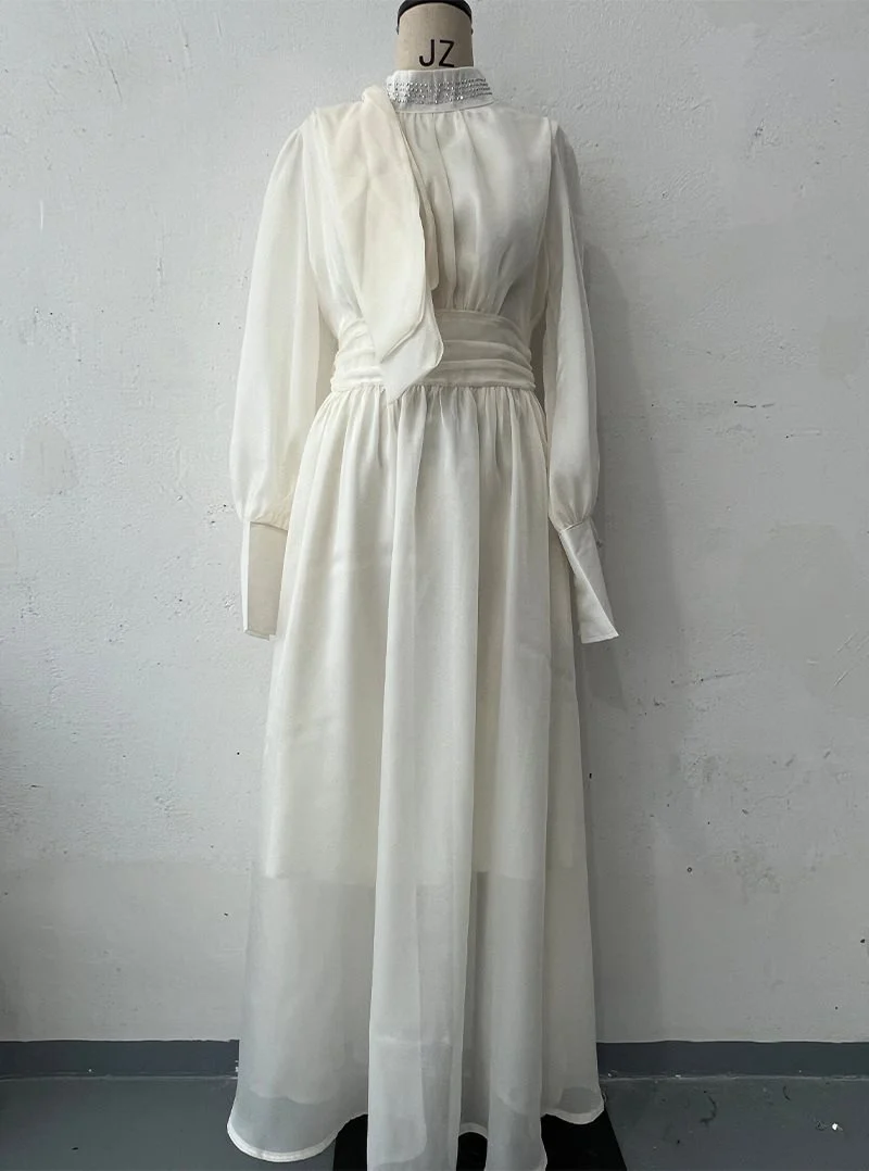 Damen Elegantes Chiffon-Maxikleid mit tailliertem Wickelbund, Stehkragen und langen Puffärmeln Drune