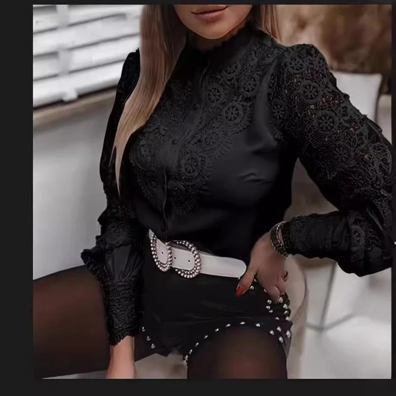 Damen Elegante Hemdbluse mit Spitzeneinsätzen, klassischem Kragen und Manschetten Drune