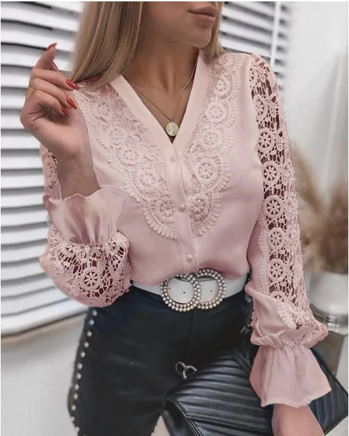 Damen Elegante Hemdbluse mit Spitzeneinsätzen, klassischem Kragen und Manschetten Drune