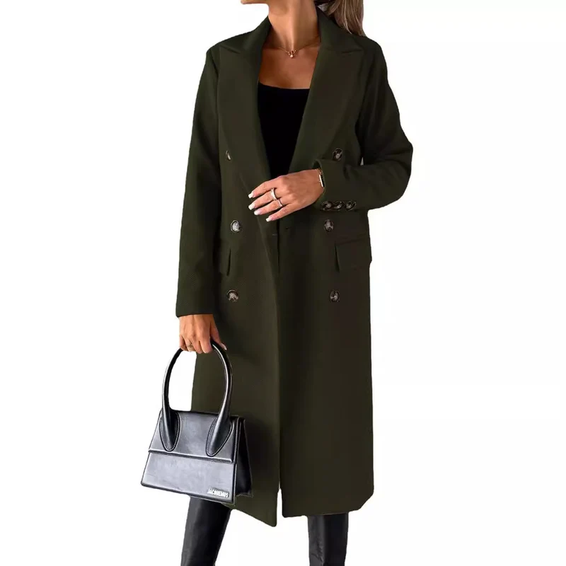 Damen Doppelreihiger Wollmantel im Longline‑Schnitt mit Reverskragen und Pattentaschen Drune