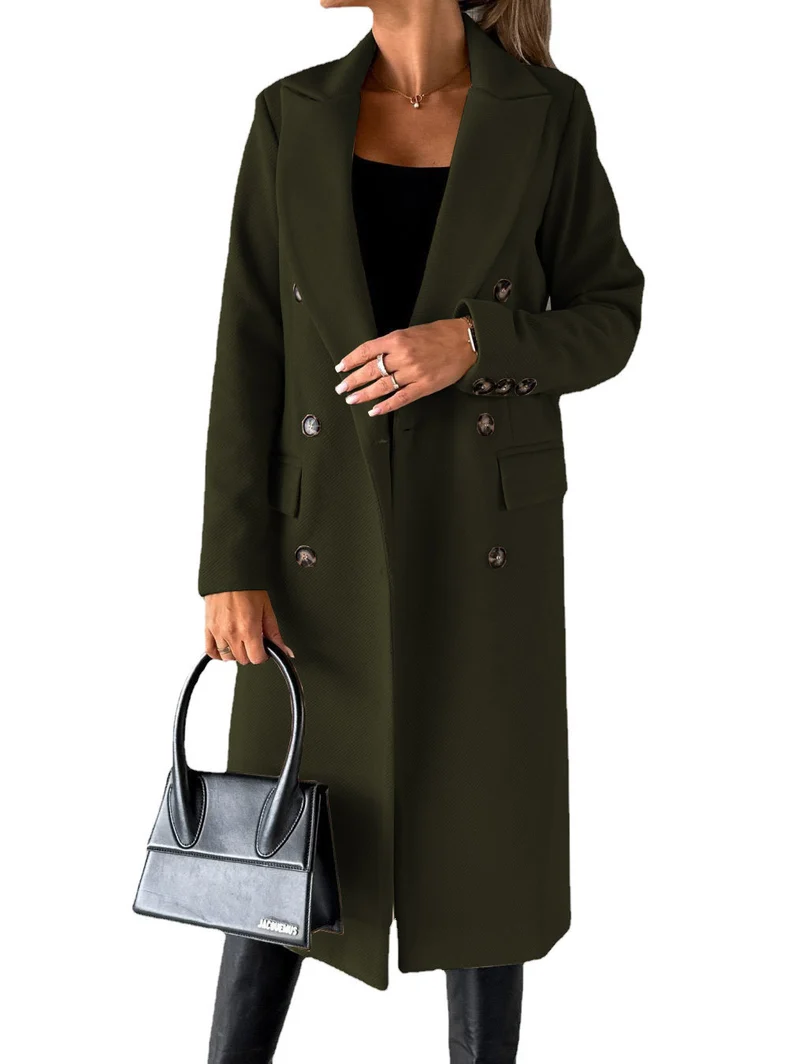 Damen Doppelreihiger Wollmantel im Longline‑Schnitt mit Reverskragen und Pattentaschen Drune