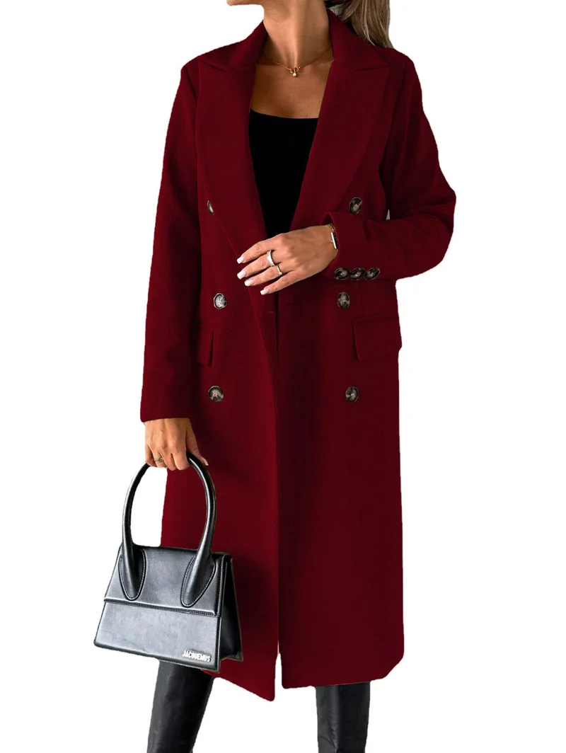 Damen Doppelreihiger Wollmantel im Longline‑Schnitt mit Reverskragen und Pattentaschen Drune