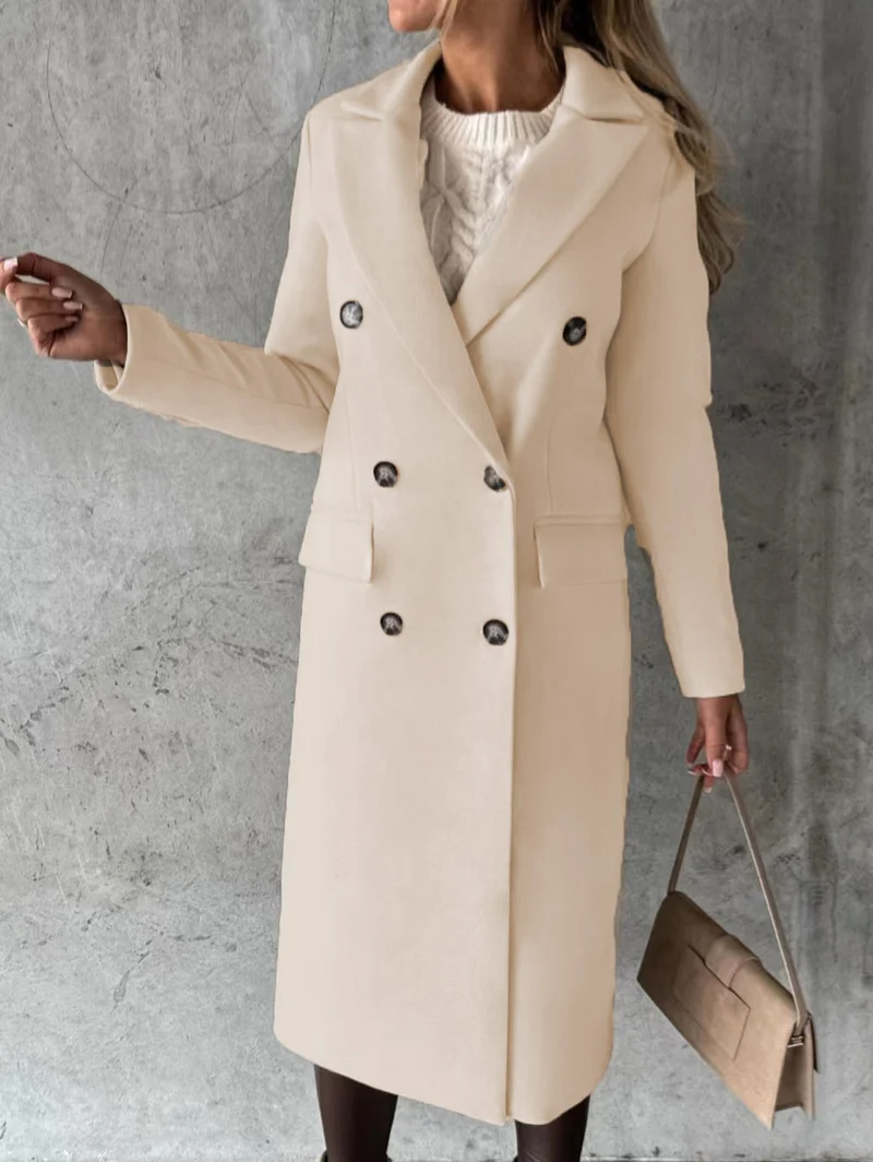 Damen Doppelreihiger Wollmantel im Longline‑Schnitt mit Reverskragen und Pattentaschen Drune