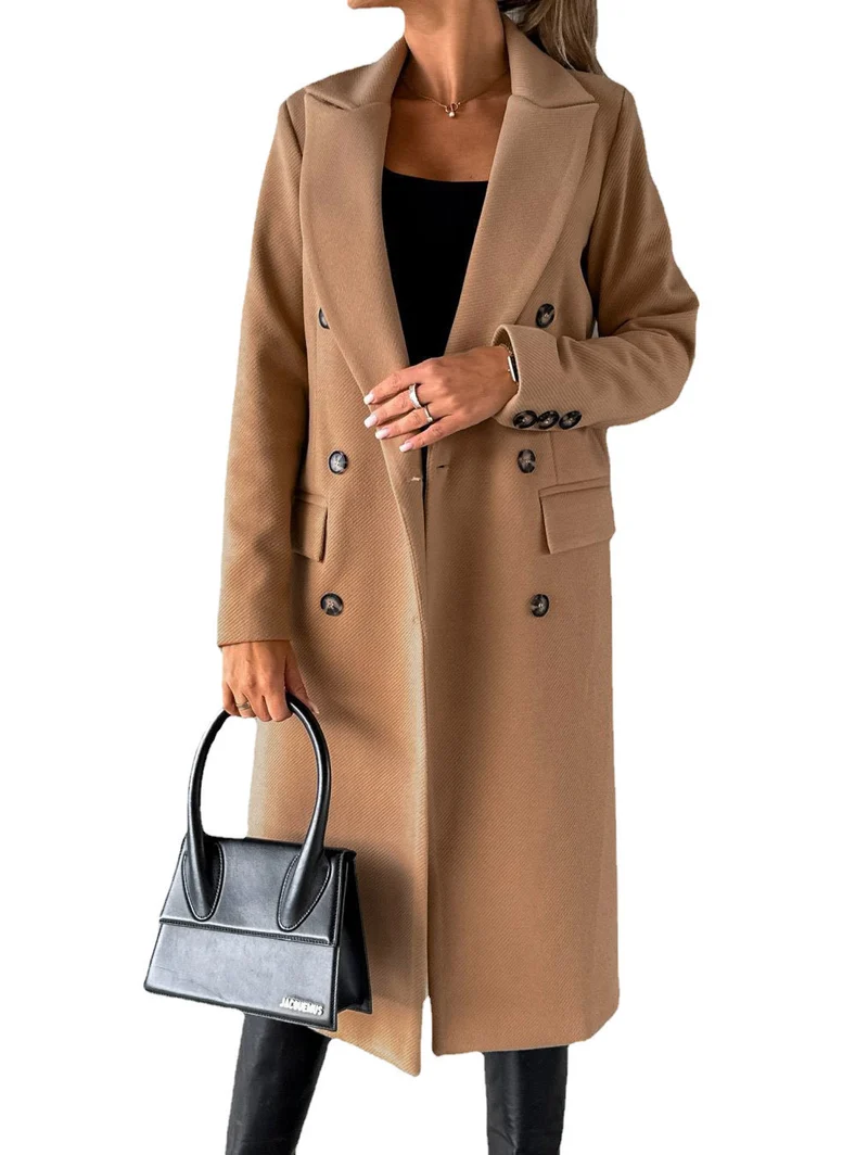 Damen Doppelreihiger Wollmantel im Longline‑Schnitt mit Reverskragen und Pattentaschen Drune