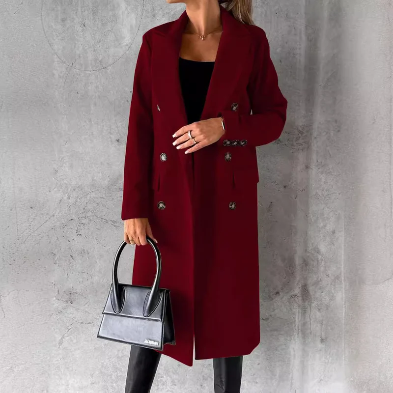 Damen Doppelreihiger Midilanger Wollmantel mit Reverskragen und taillierter Silhouette Drune