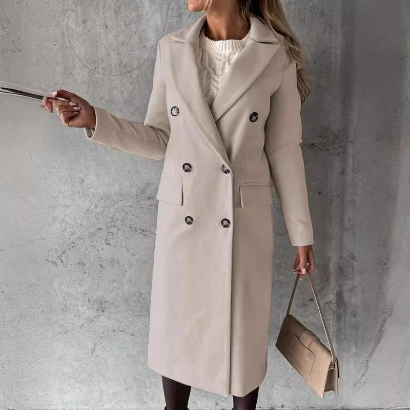Damen Doppelreihiger Midilanger Wollmantel mit Reverskragen und taillierter Silhouette Drune