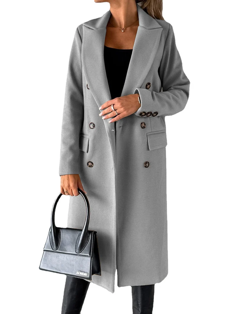 Damen Doppelreihiger Midilanger Wollmantel mit Reverskragen und taillierter Silhouette Drune