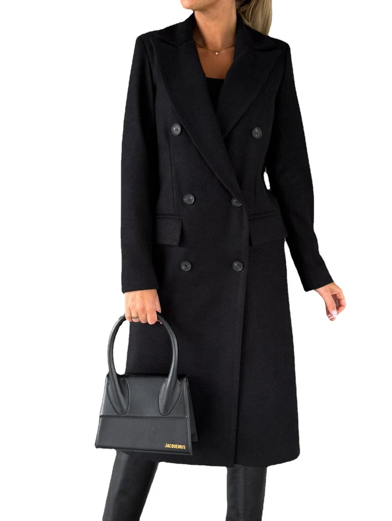 Damen Doppelreihiger Midilanger Wollmantel mit Reverskragen und taillierter Silhouette Drune