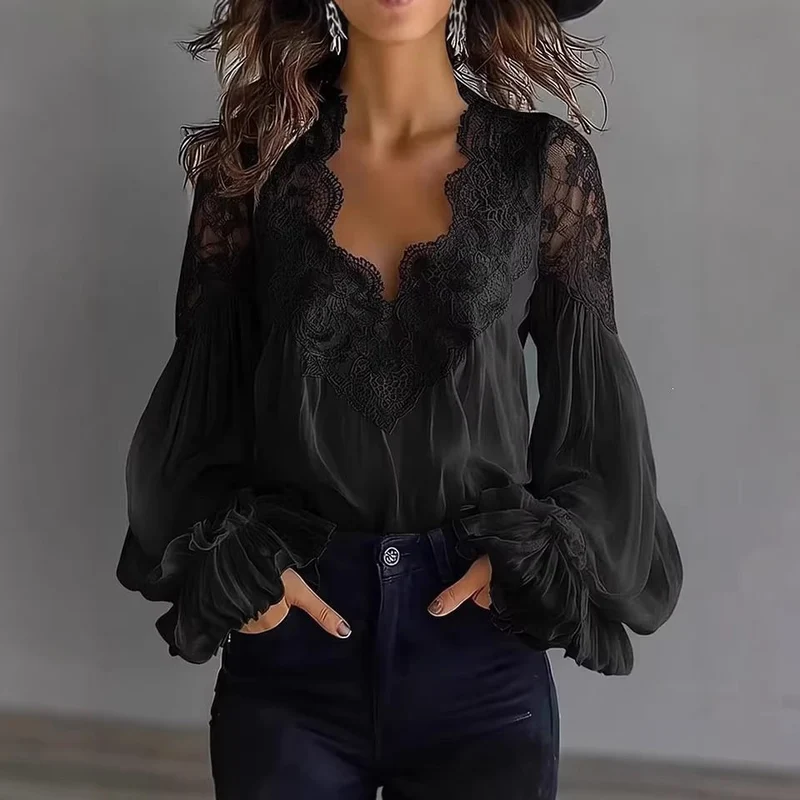 Damen Chiffon-Bluse mit Spitzen-V-Ausschnitt und weiten Plissee-Ärmeln Drune