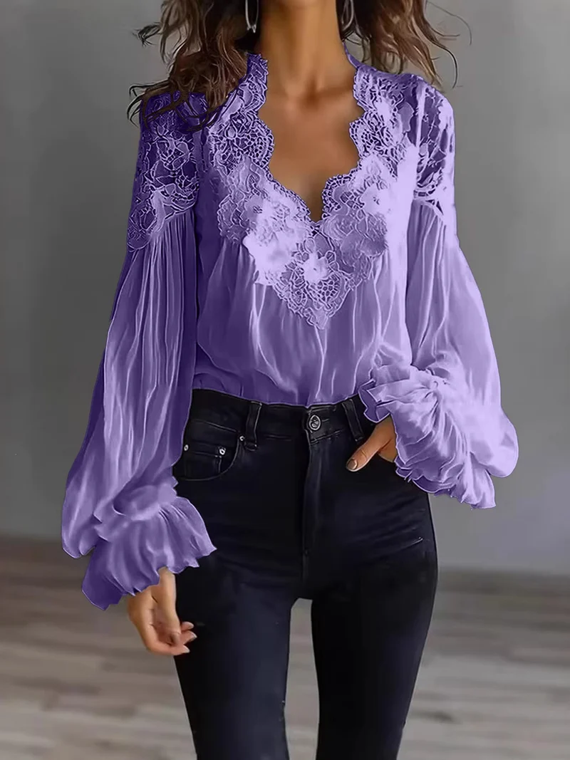 Damen Chiffon-Bluse mit Spitzen-V-Ausschnitt und weiten Plissee-Ärmeln Drune