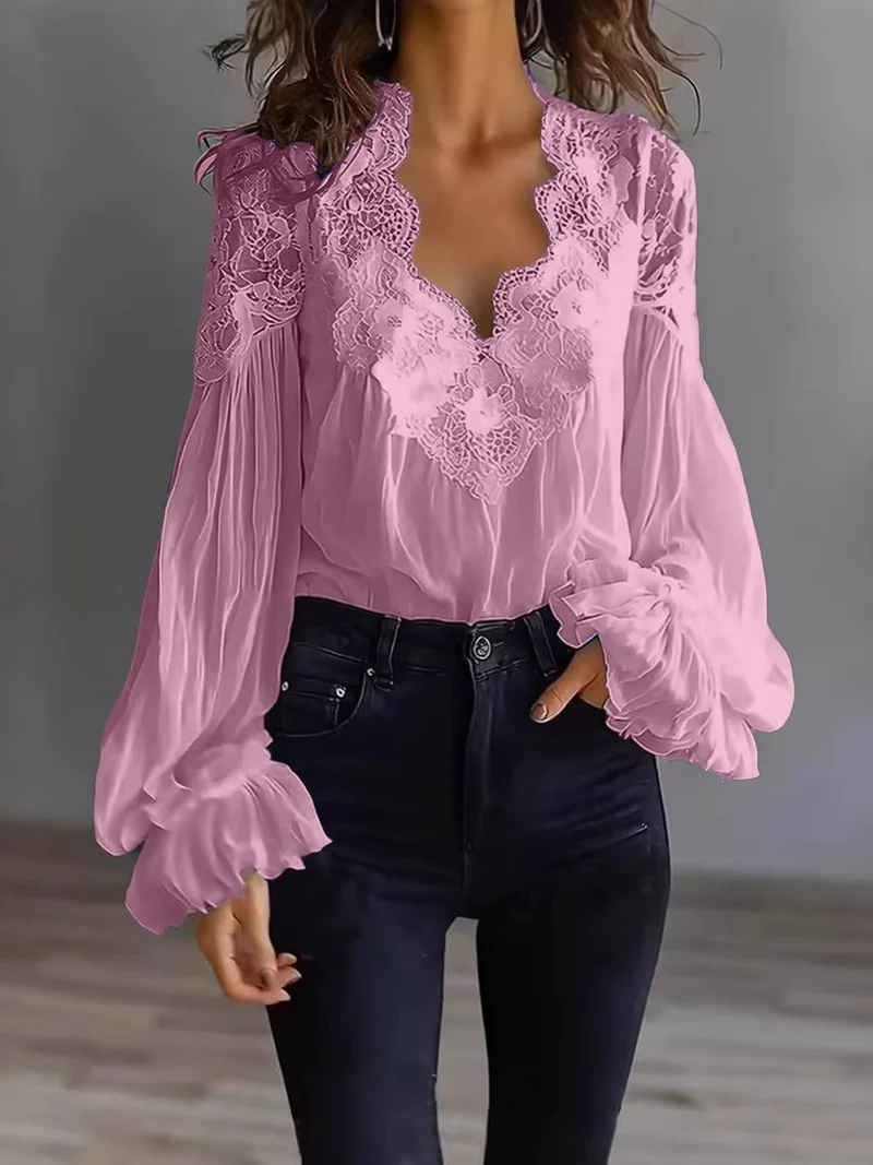 Damen Chiffon-Bluse mit Spitzen-V-Ausschnitt und weiten Plissee-Ärmeln Drune