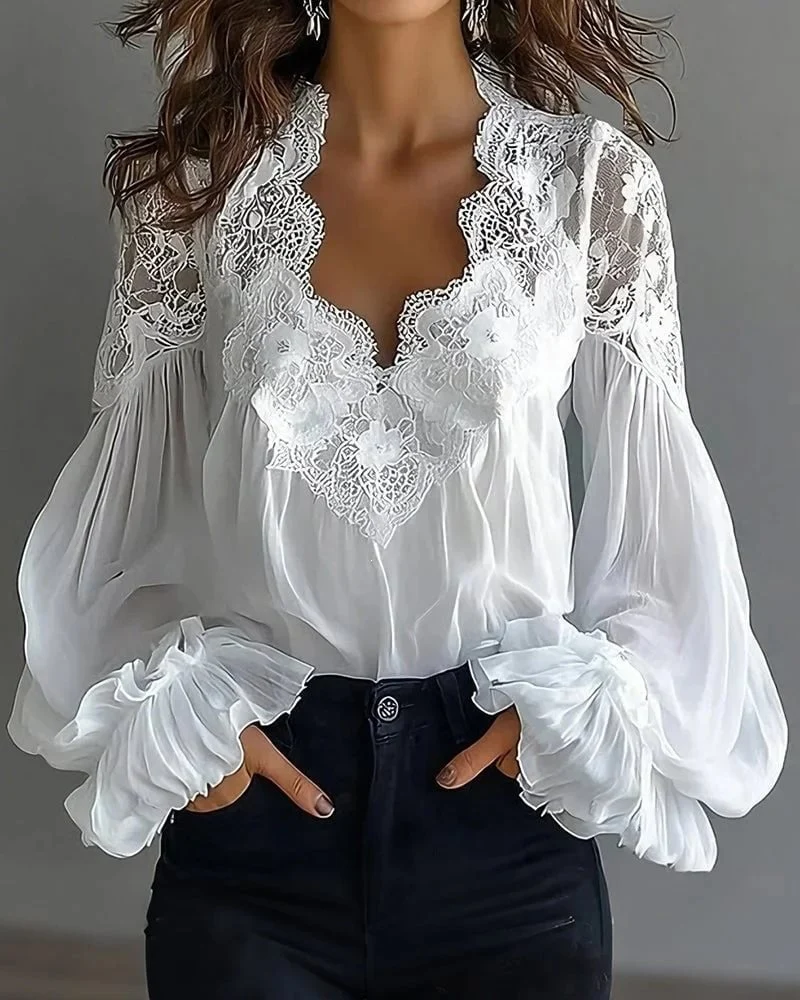 Damen Chiffon-Bluse mit Spitzen-V-Ausschnitt und weiten Plissee-Ärmeln Drune