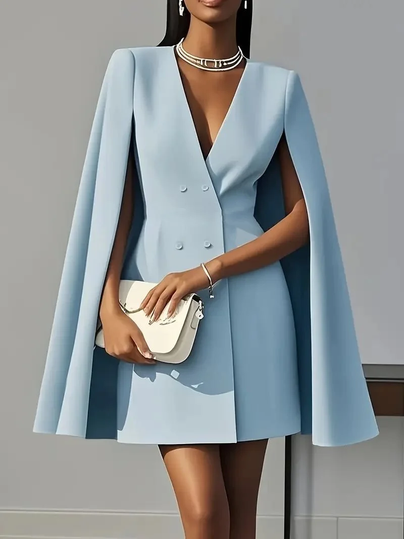 Damen Cape-Blazer-Kleid mit Doppelreihe und tiefem V-Ausschnitt Drune