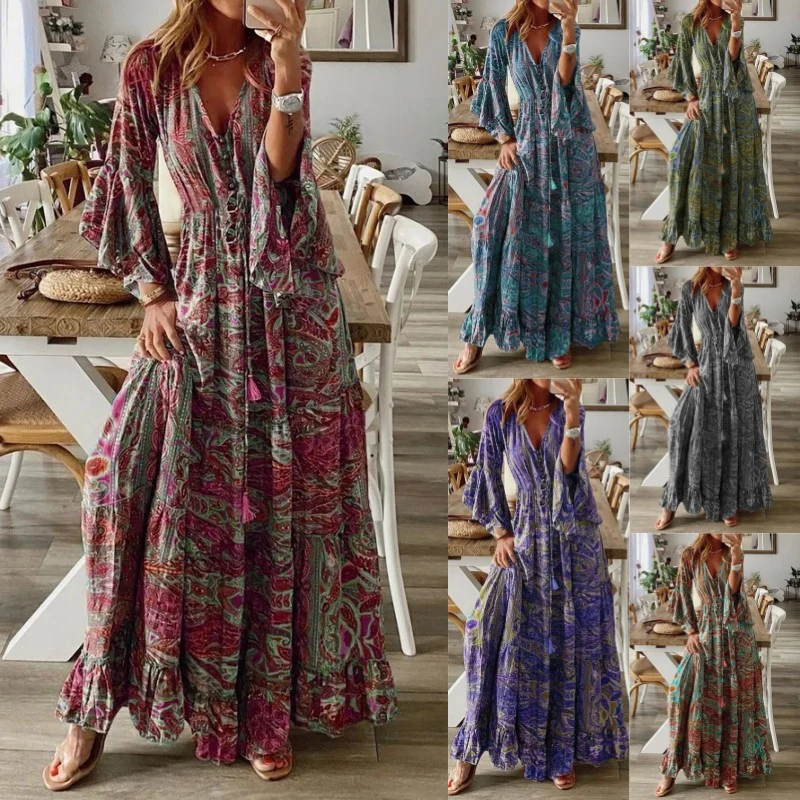 Damen Boho-Maxikleid mit Paisley‑Print, V‑Ausschnitt, Volantärmeln und Taillen‑Bindegürtel Drune