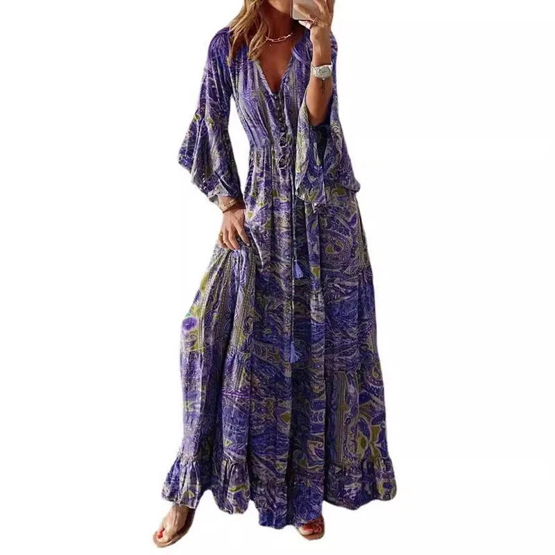 Damen Boho-Maxikleid mit Paisley‑Print, V‑Ausschnitt, Volantärmeln und Taillen‑Bindegürtel Drune