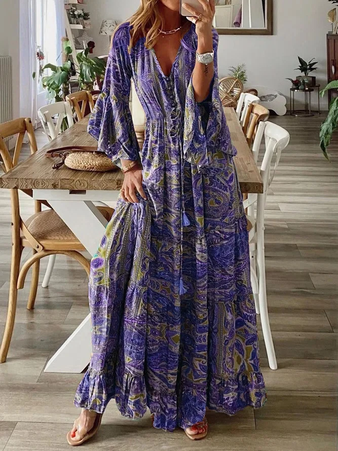 Damen Boho-Maxikleid mit Paisley‑Print, V‑Ausschnitt, Volantärmeln und Taillen‑Bindegürtel Drune