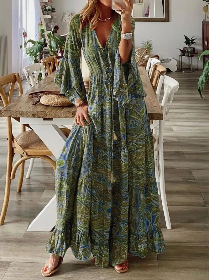 Damen Boho-Maxikleid mit Paisley‑Print, V‑Ausschnitt, Volantärmeln und Taillen‑Bindegürtel Drune