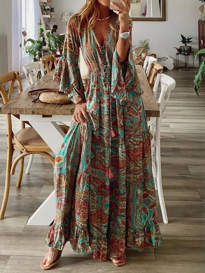 Damen Boho-Maxikleid mit Paisley‑Print, V‑Ausschnitt, Volantärmeln und Taillen‑Bindegürtel Drune