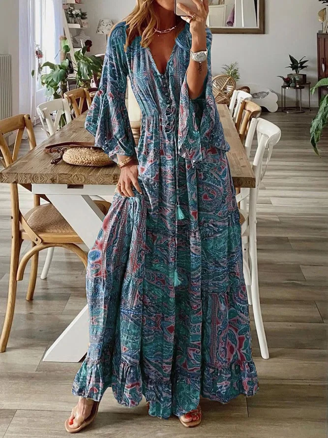 Damen Boho-Maxikleid mit Paisley‑Print, V‑Ausschnitt, Volantärmeln und Taillen‑Bindegürtel Drune