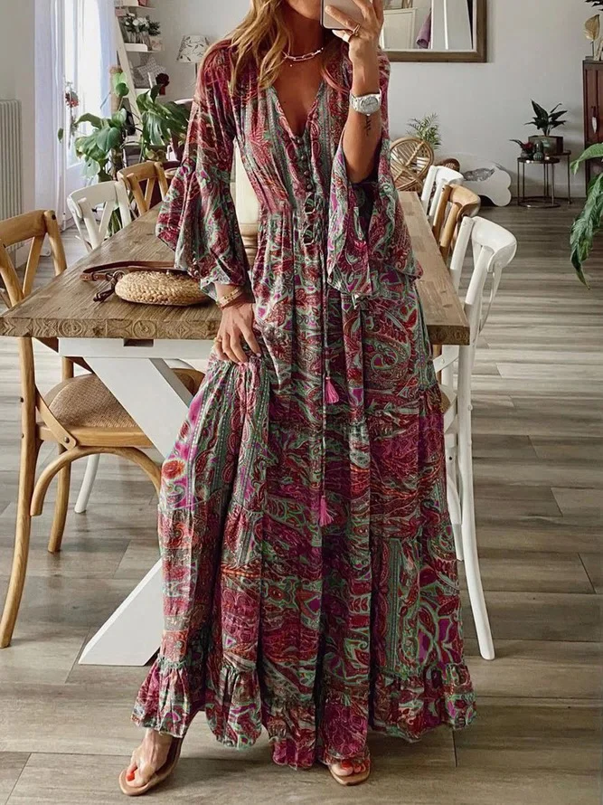 Damen Boho-Maxikleid mit Paisley‑Print, V‑Ausschnitt, Volantärmeln und Taillen‑Bindegürtel Drune