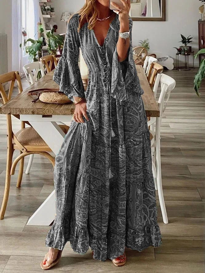 Damen Boho-Maxikleid mit Paisley‑Print, V‑Ausschnitt, Volantärmeln und Taillen‑Bindegürtel Drune