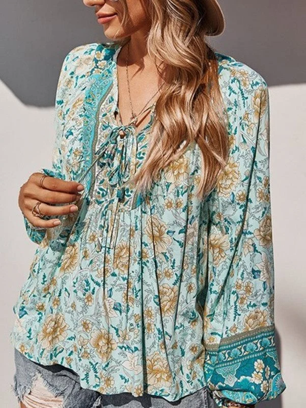 Damen Boho-Bluse mit floralem Print, V‑Ausschnitt mit Bindeband und Plissée-Details Drune