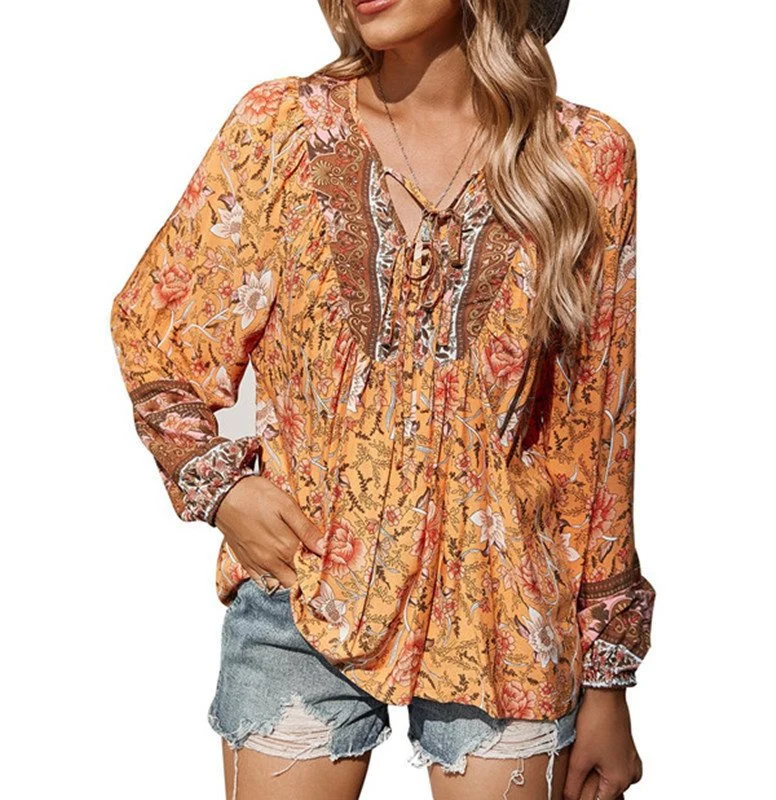 Damen Boho-Bluse mit floralem Print, V‑Ausschnitt mit Bindeband und Plissée-Details Drune