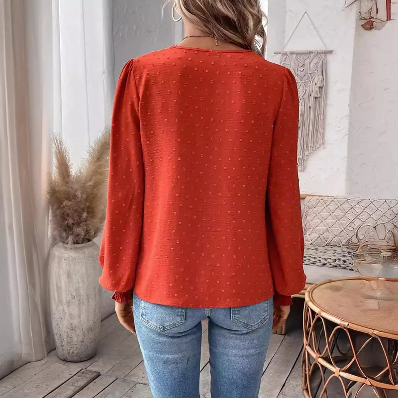 Damen Bluse mit Spitzen‑Plastron, V‑Ausschnitt und ballonartigen Ärmeln Drune