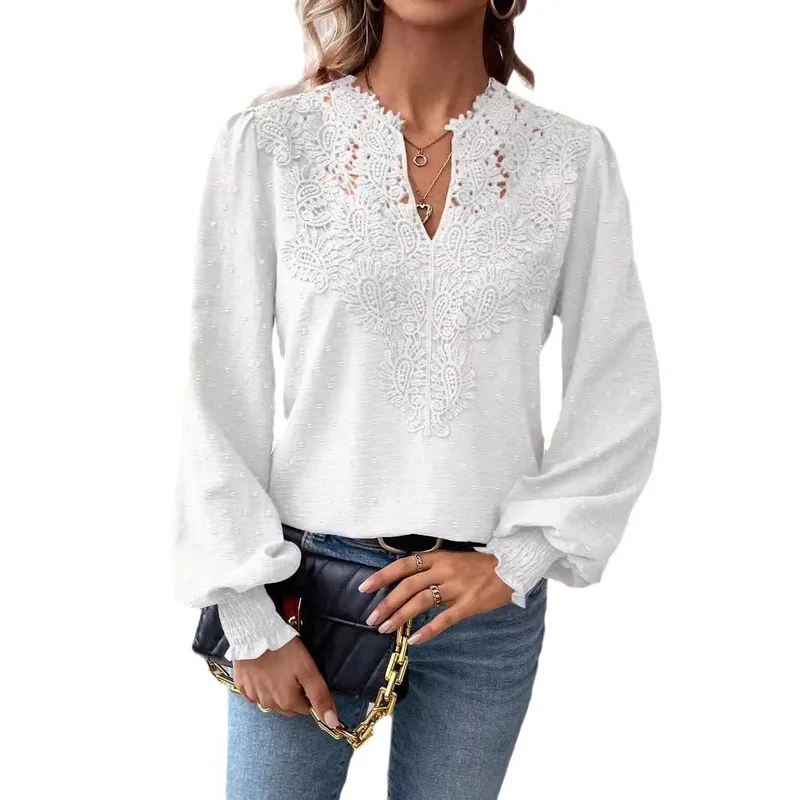 Damen Bluse mit Spitzen‑Plastron, V‑Ausschnitt und ballonartigen Ärmeln Drune