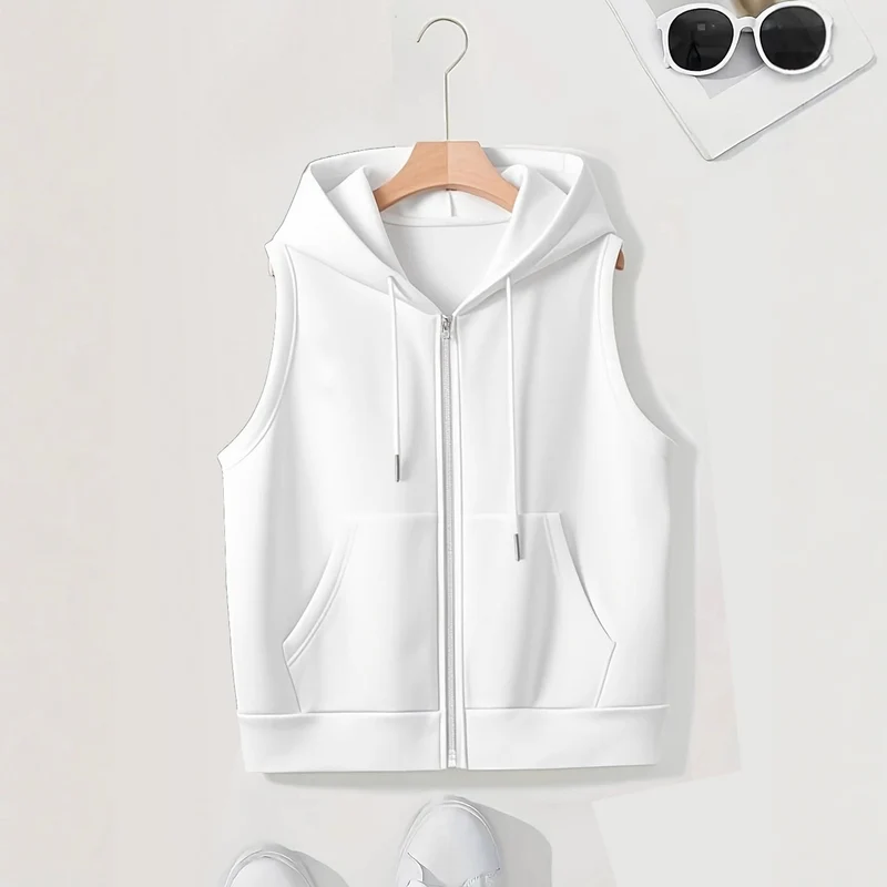 Damen Ärmellose Zip‑Hoodie‑Weste aus weichem Sweat mit Kängurutaschen Drune