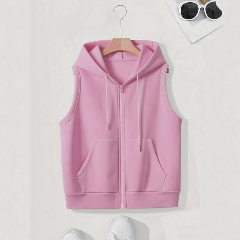 Damen Ärmellose Zip‑Hoodie‑Weste aus weichem Sweat mit Kängurutaschen Drune