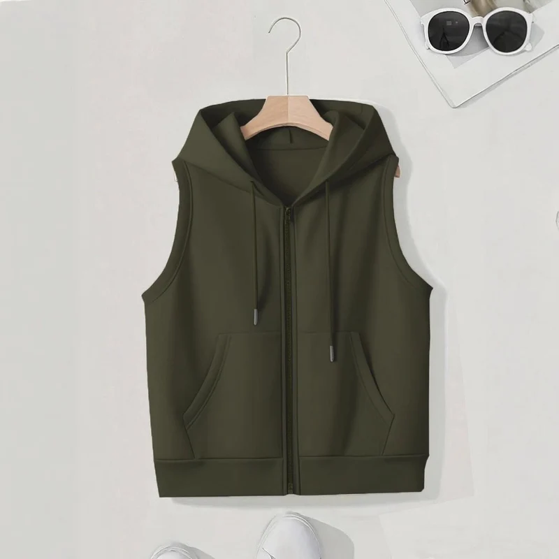 Damen Ärmellose Zip‑Hoodie‑Weste aus weichem Sweat mit Kängurutaschen Drune