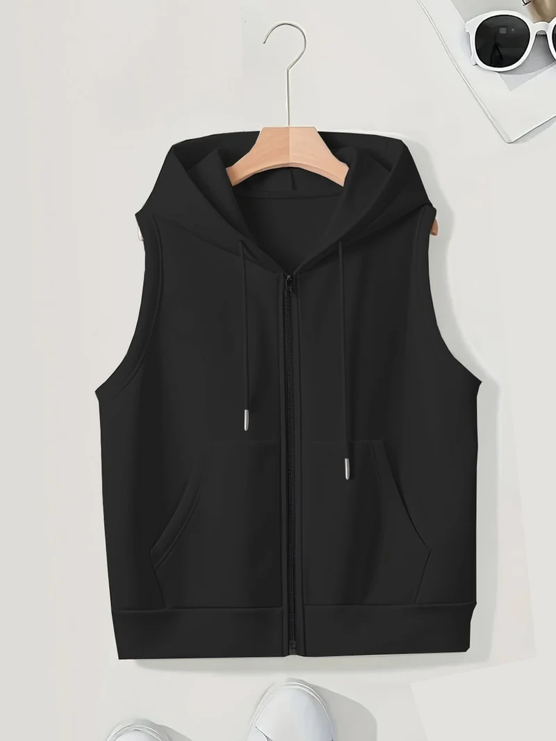 Damen Ärmellose Zip‑Hoodie‑Weste aus weichem Sweat mit Kängurutaschen Drune