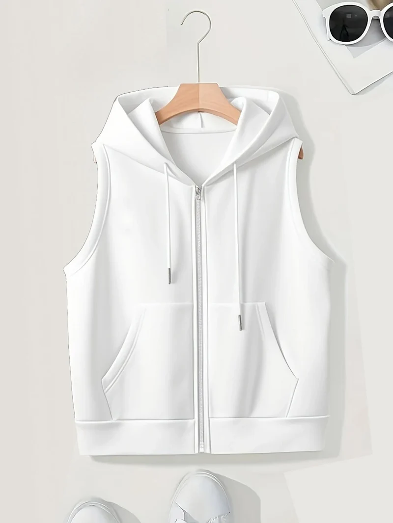 Damen Ärmellose Zip‑Hoodie‑Weste aus weichem Sweat mit Kängurutaschen Drune