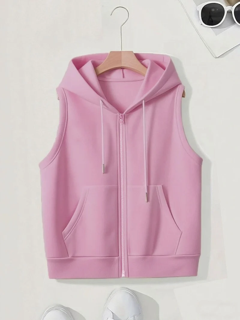 Damen Ärmellose Zip‑Hoodie‑Weste aus weichem Sweat mit Kängurutaschen Drune
