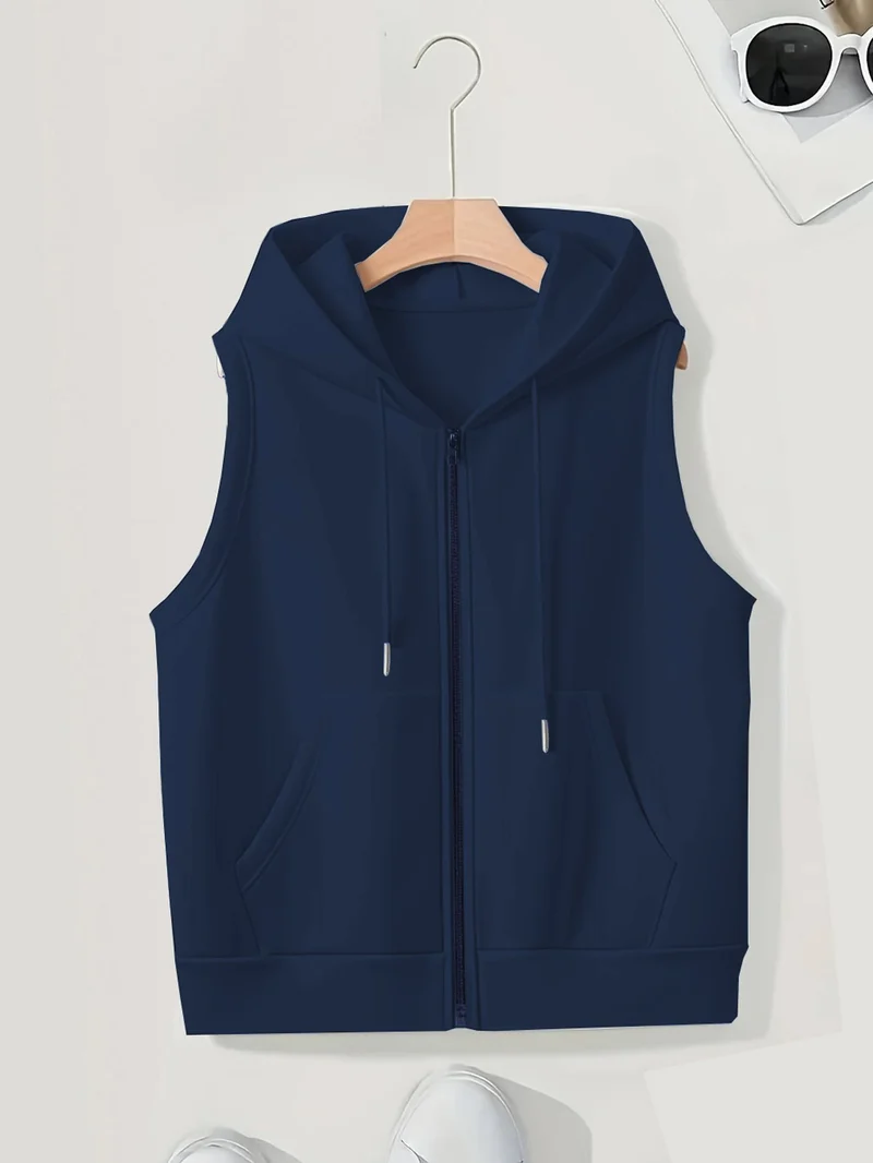 Damen Ärmellose Zip‑Hoodie‑Weste aus weichem Sweat mit Kängurutaschen Drune