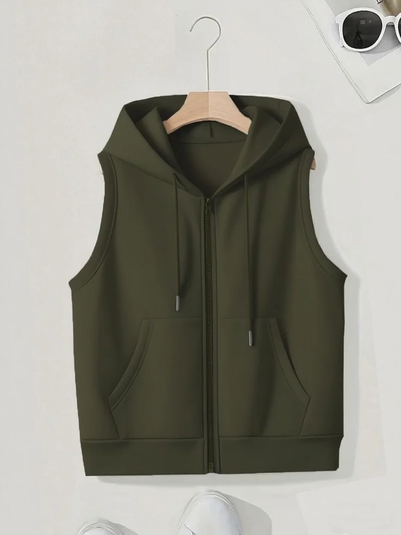 Damen Ärmellose Zip‑Hoodie‑Weste aus weichem Sweat mit Kängurutaschen Drune