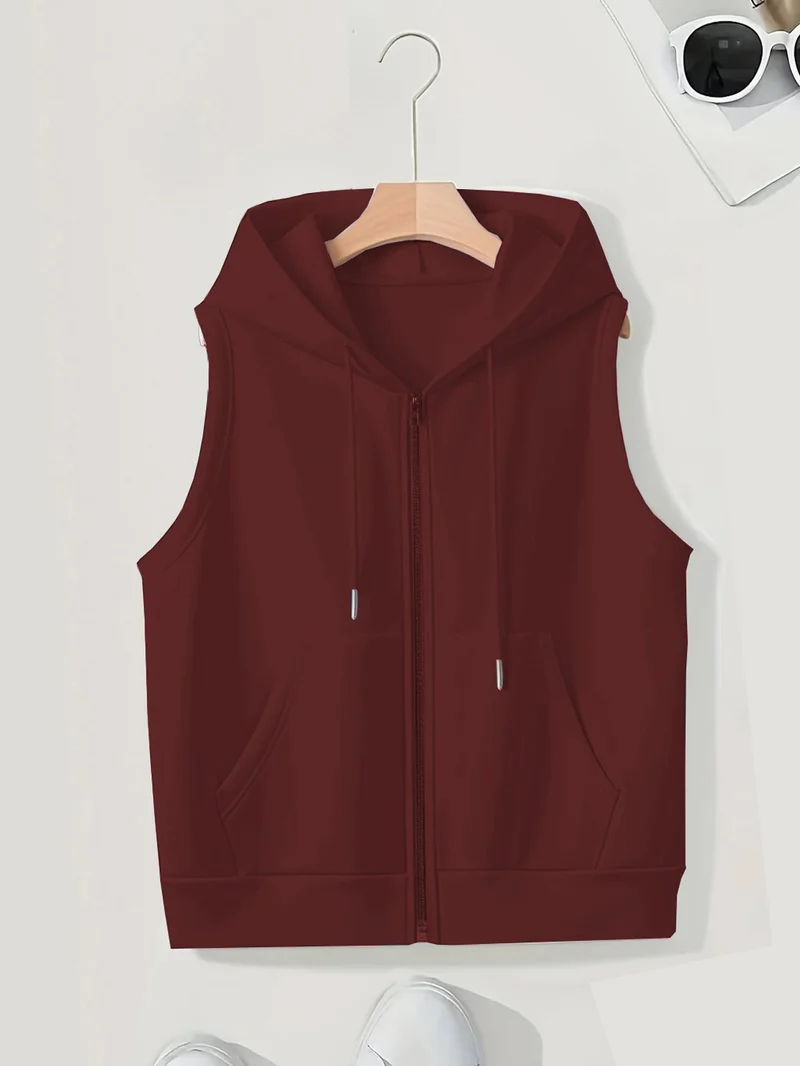 Damen Ärmellose Zip‑Hoodie‑Weste aus weichem Sweat mit Kängurutaschen Drune