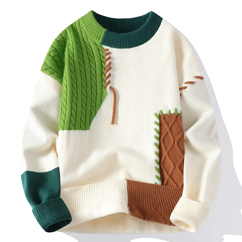 Unisex Patchwork-Strickpullover mit Zopfmuster-Applikationen und Rippabschlüssen Drune