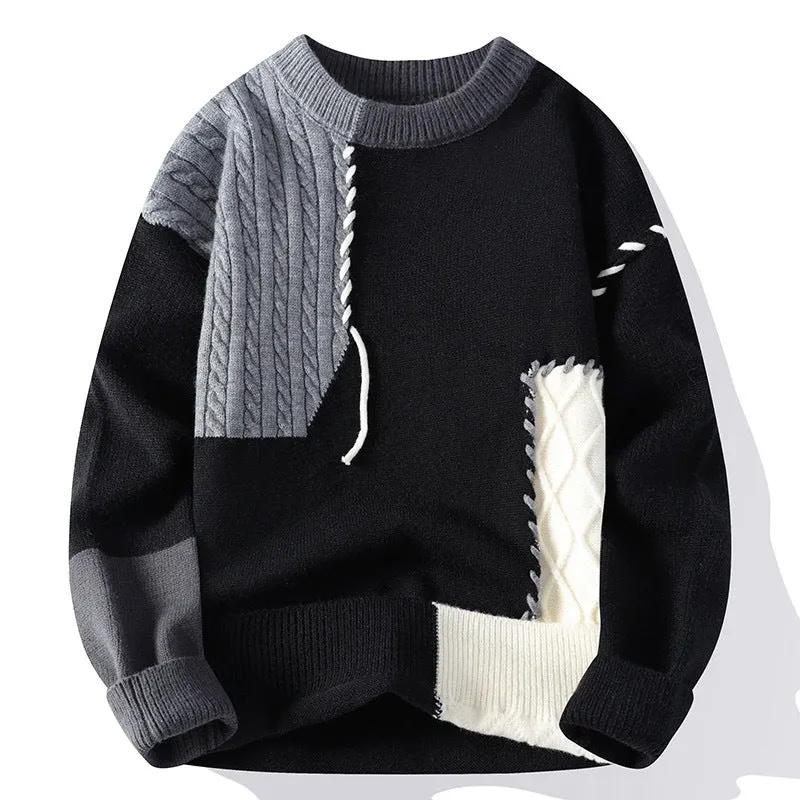 Unisex Patchwork-Strickpullover mit Zopfmuster-Applikationen und Rippabschlüssen Drune