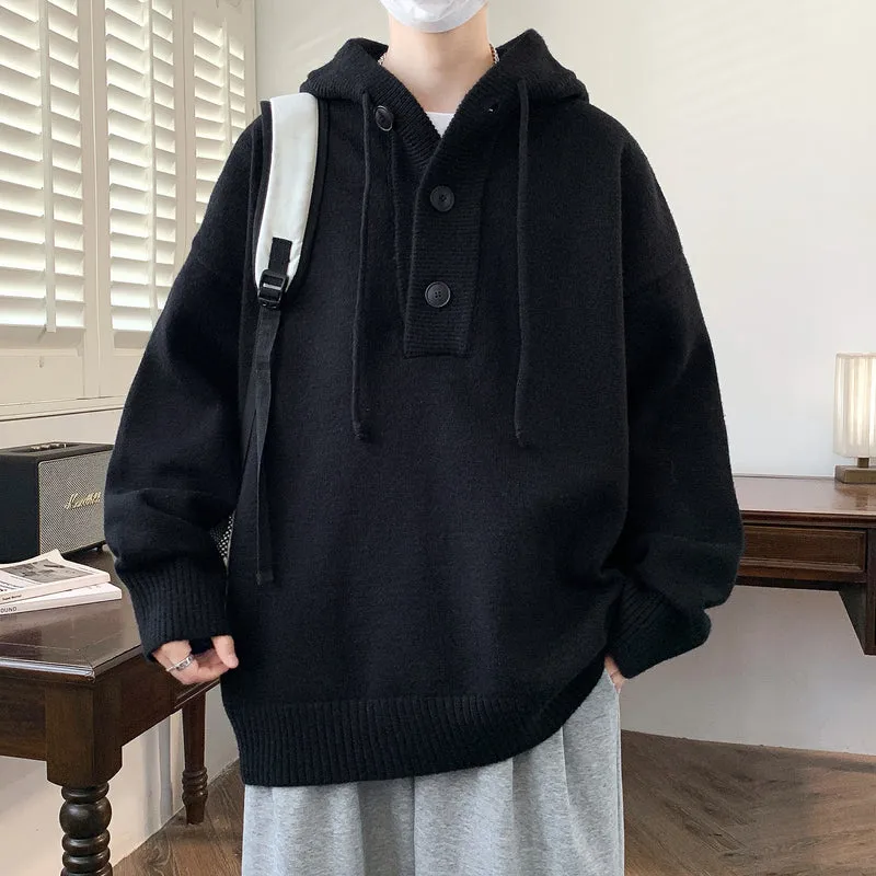 Unisex Oversize Strick-Hoodie mit Halbknopfblende und Rippbündchen Drune