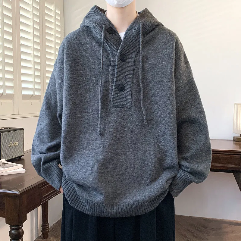 Unisex Oversize Strick-Hoodie mit Halbknopfblende und Rippbündchen Drune