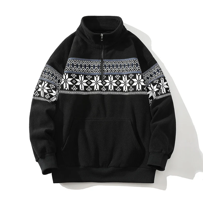 Unisex Norwegermuster-Fleecejacke mit Stehkragen, durchgehendem Reißverschluss und Kordelzug Drune