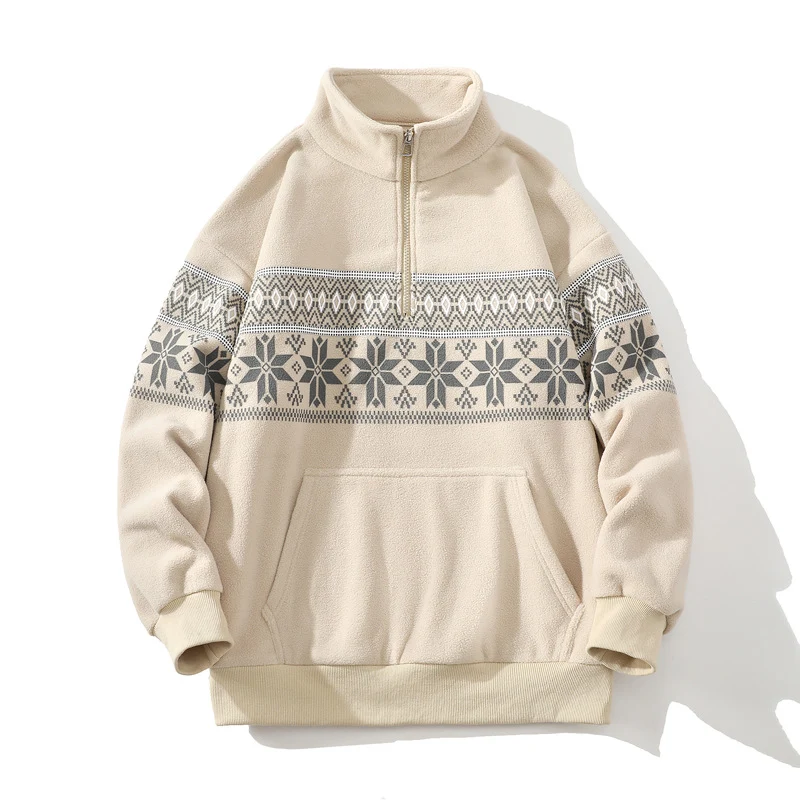 Unisex Norwegermuster-Fleecejacke mit Stehkragen, durchgehendem Reißverschluss und Kordelzug Drune