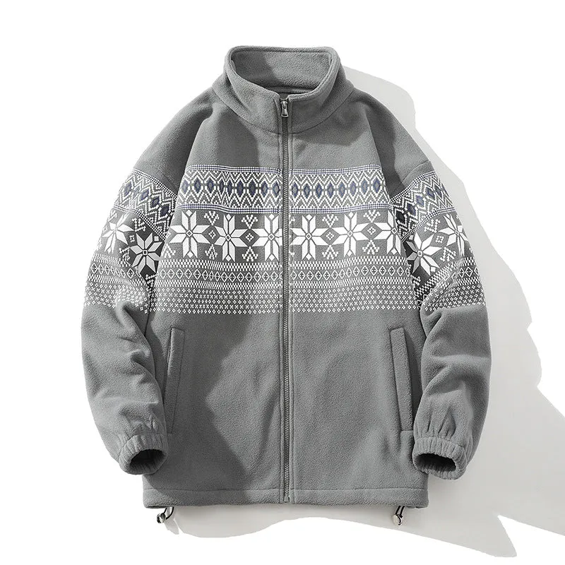 Unisex Norwegermuster-Fleecejacke mit Stehkragen, durchgehendem Reißverschluss und Kordelzug Drune