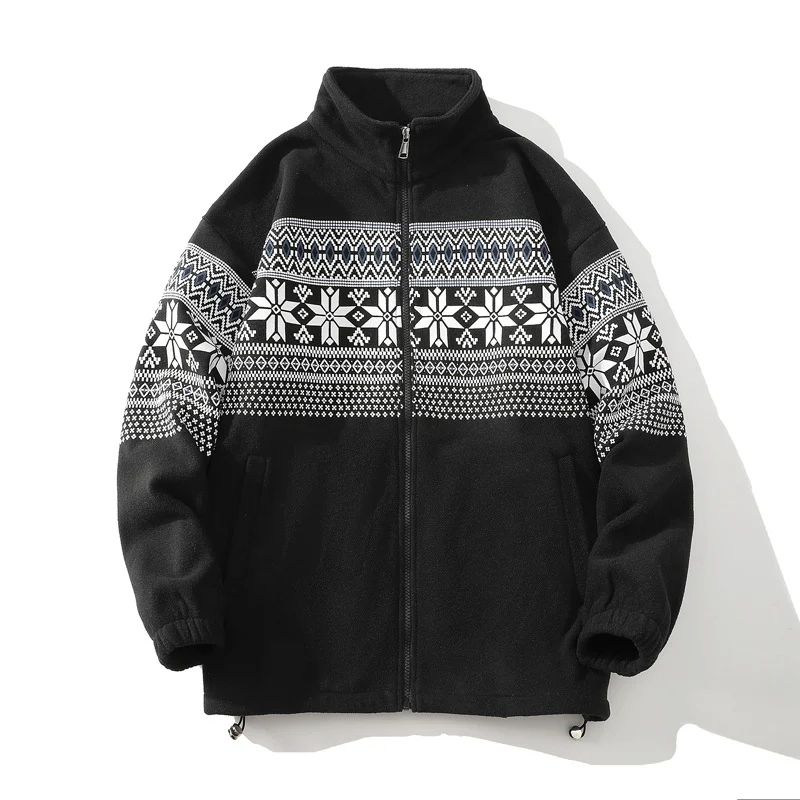 Unisex Norwegermuster-Fleecejacke mit Stehkragen, durchgehendem Reißverschluss und Kordelzug Drune