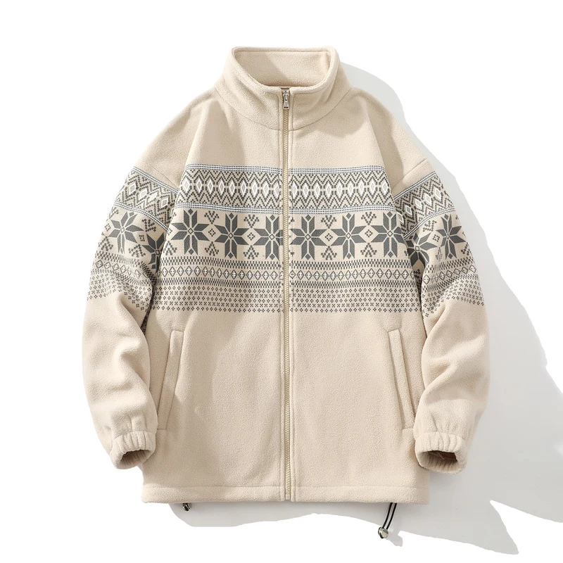 Unisex Norwegermuster-Fleecejacke mit Stehkragen, durchgehendem Reißverschluss und Kordelzug Drune