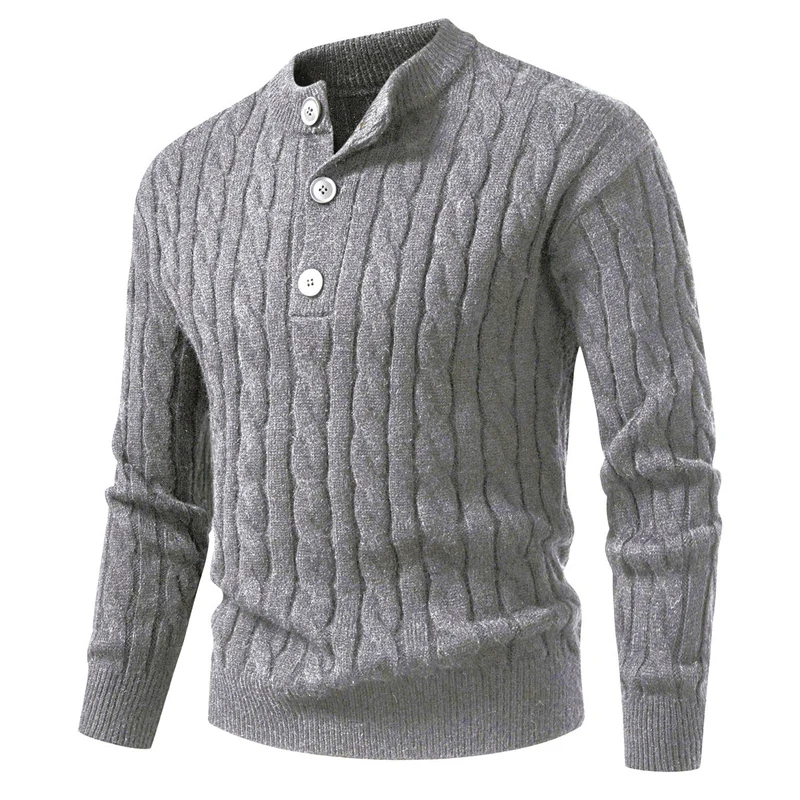 Herren Zopfmuster-Pullover mit kurzer Knopfleiste und Stehkragen Drune